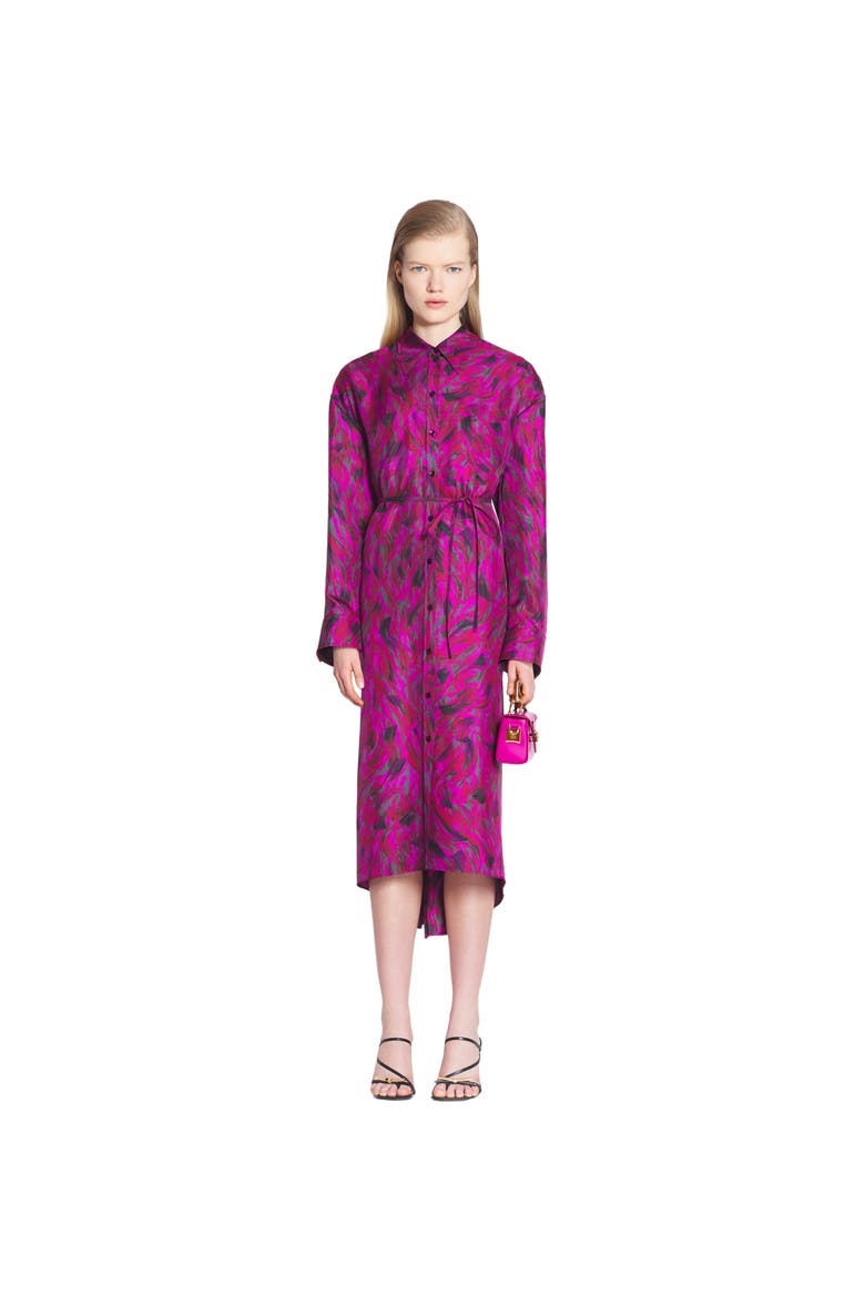 PRINTED SHIRT DRESS WITH PLEATS, Main, color, FUCHSIA