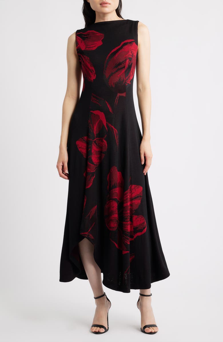 Misook Floral Sleeveless Fit & Flare Maxi Dress, Main, color, Scarlet Red/Black