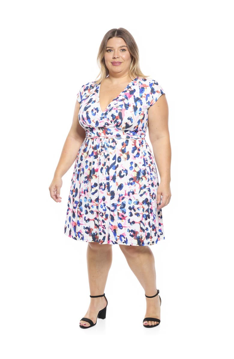 24seven Comfort Apparel Plus Size Animal V-Neck Cap Sleeve Knee Length A-Line Pocket Dress, Alternate, color, White Multi