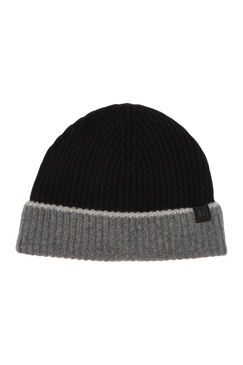 Cashmere Colorblock Ribbed Knit Beanie, Main, color, BLACK GREY