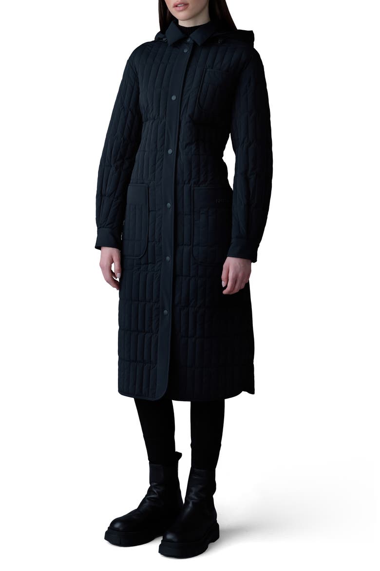Tadoka Down & Feather Long Hooded Coat, Main, color, BLACK