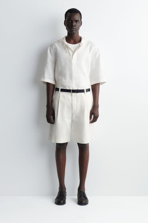 Pleated Denim-herringbone Shorts
