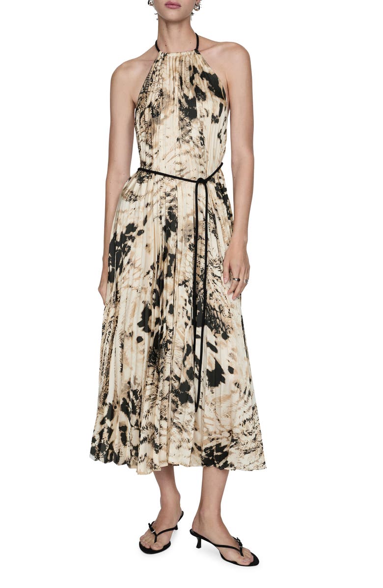 MANGO Animal Print Pleated Halter Midi Dress, Main, color,