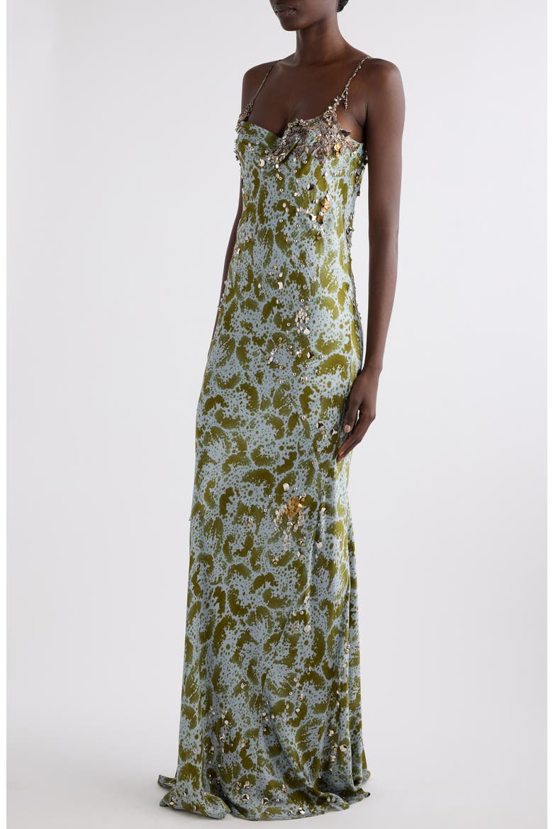 Deryl Orchid Petal Print Embellished Silk Column Gown, Alternate, color, KHAKI