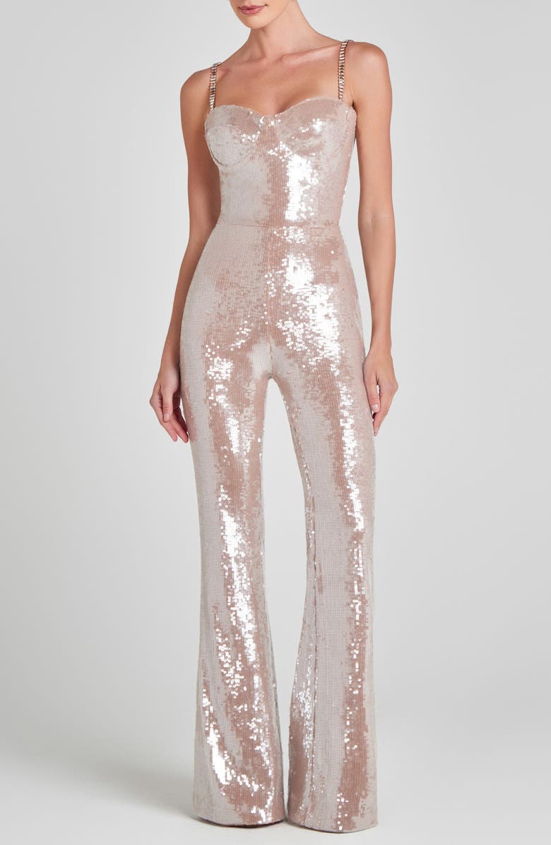 NADINE MERABI Lucinda Sequin Sleeveless Flare Jumpsuit, Main, color, Light Nude