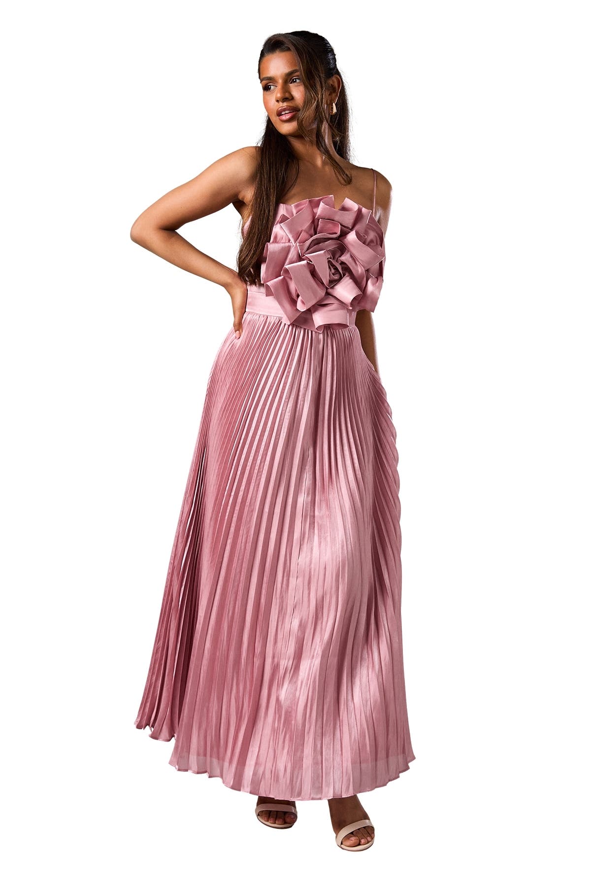 Coast Petite Metallic Pleated Corsage Dress in Pink 