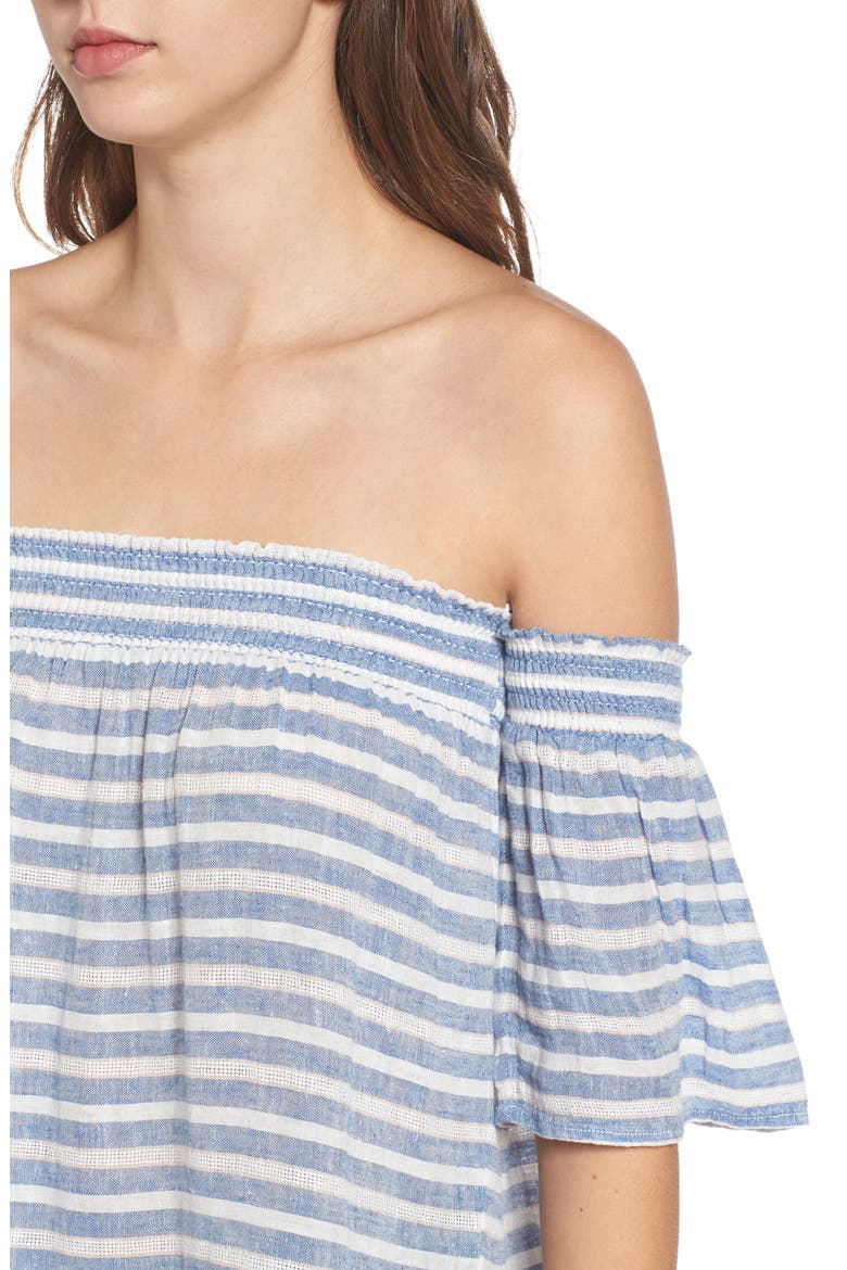 Isabelle Off the Shoulder Linen Blend Top, Alternate, color, MYKONOS STRIPE