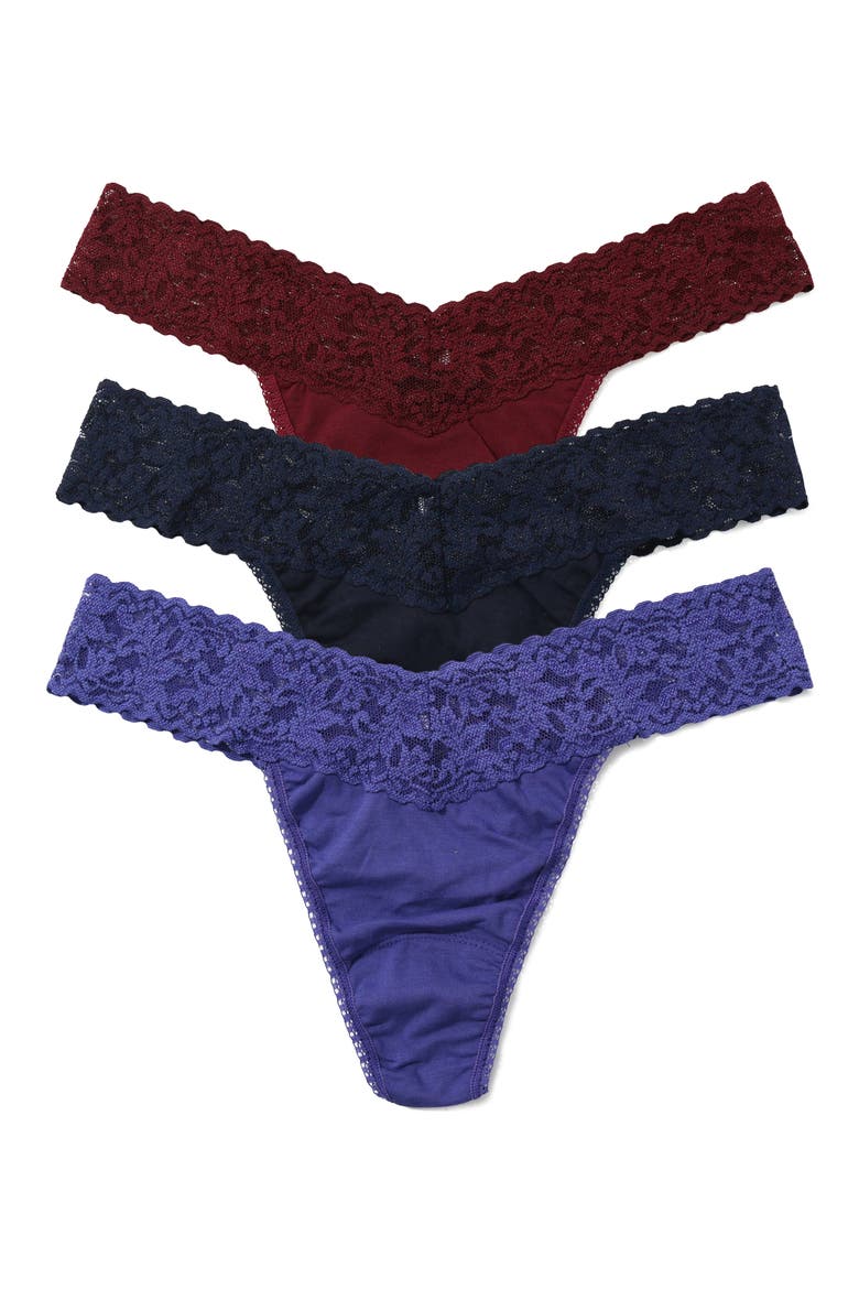Holiday Cracker Assorted 3-Pack Original Rise Cotton Thongs, Main, color, CABERNET/ NAVY/ FOLK SONG