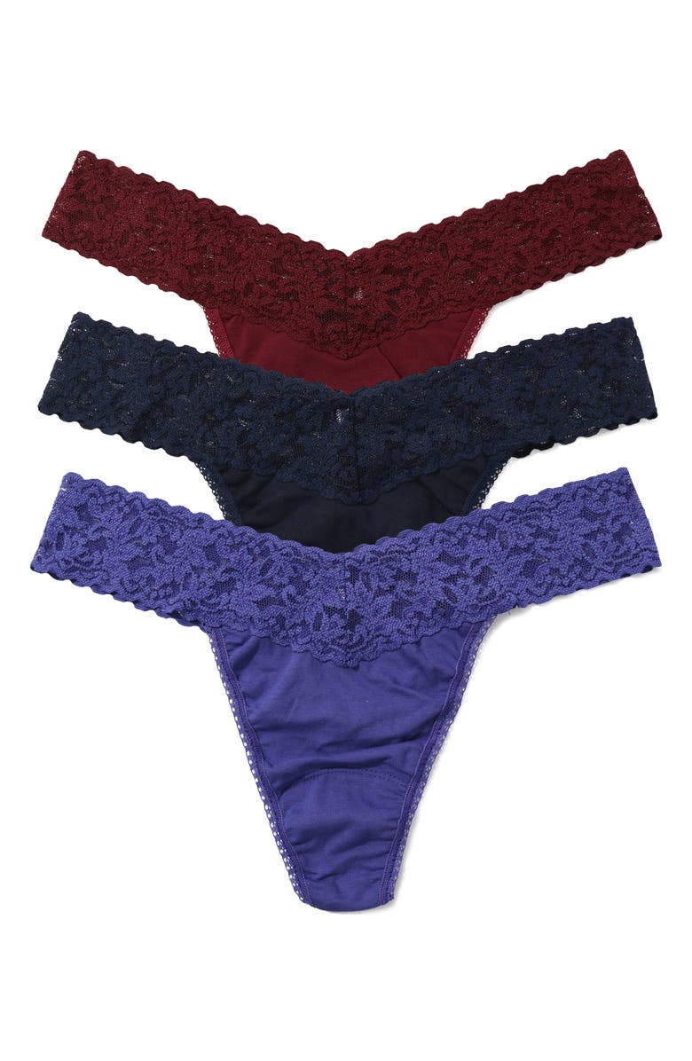 Hanky Panky Holiday Cracker Assorted 3-Pack Original Rise Cotton Thongs, Main, color, Cabernet/ Navy/ Folk Song