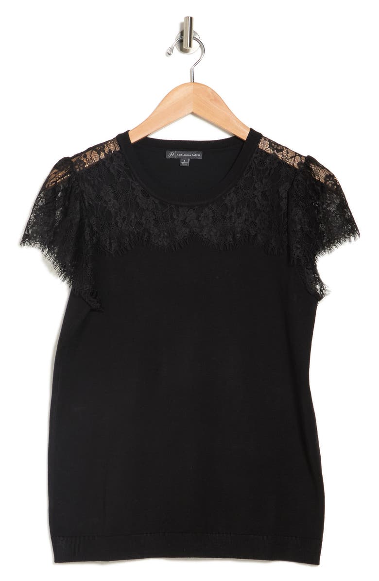 Adrianna Papell Lace Panel Mixed Media Short Sleeve Sweater, Alternate, color,