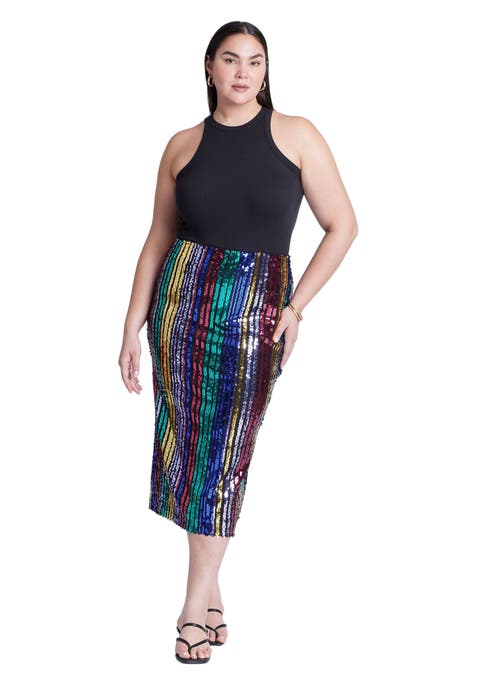 Rainbow Striped Sequin Midi Skirt