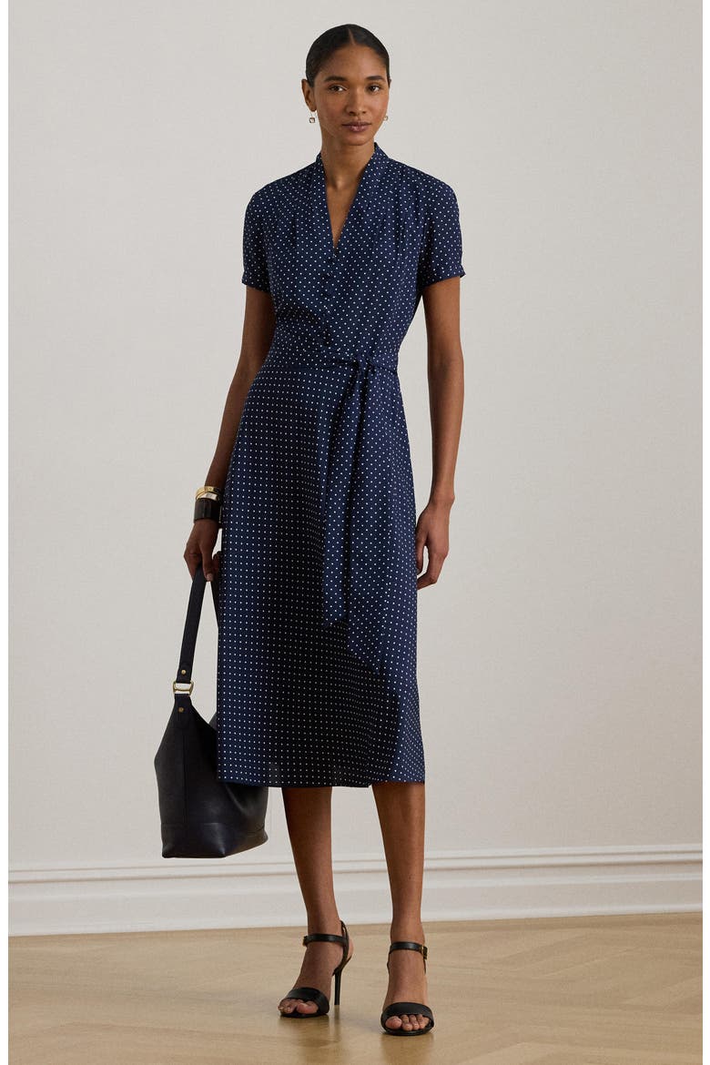 Micro Dot Crêpe de Chine Midi Dress, Alternate, color, NAVY BLUE/ WHITE