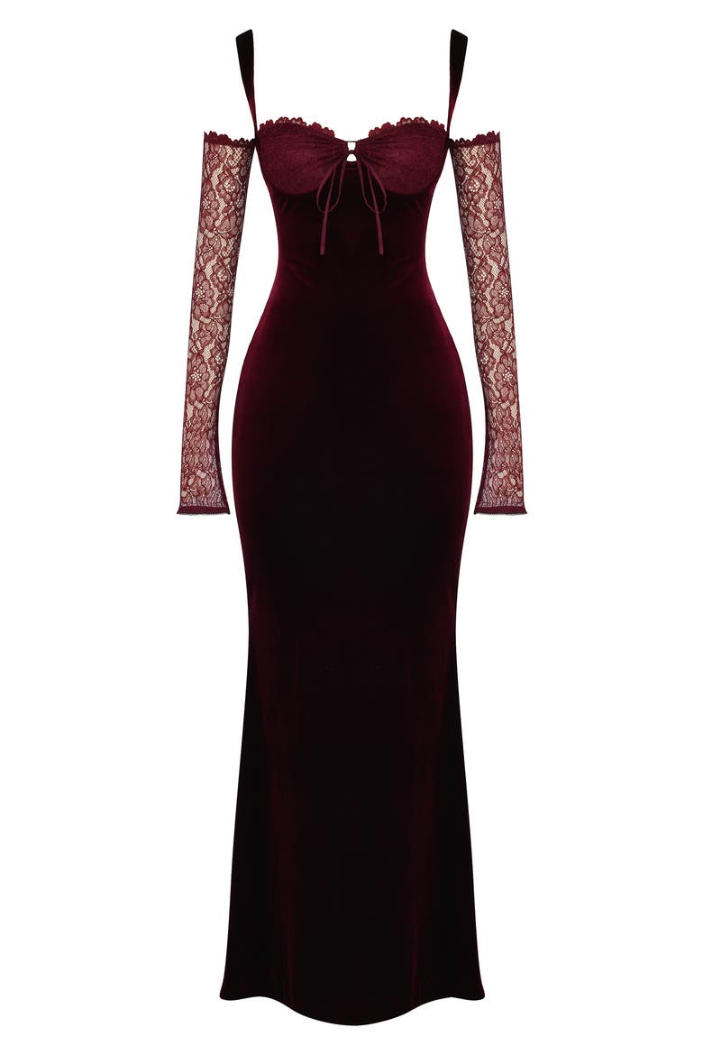 Cold Shoulder Long Sleeve Velvet & Lace Gown, Alternate, color, BROWN CHERRY