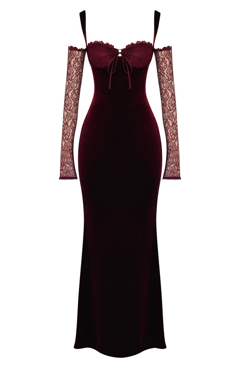 HOUSE OF CB Cold Shoulder Long Sleeve Velvet & Lace Gown, Alternate, color, 