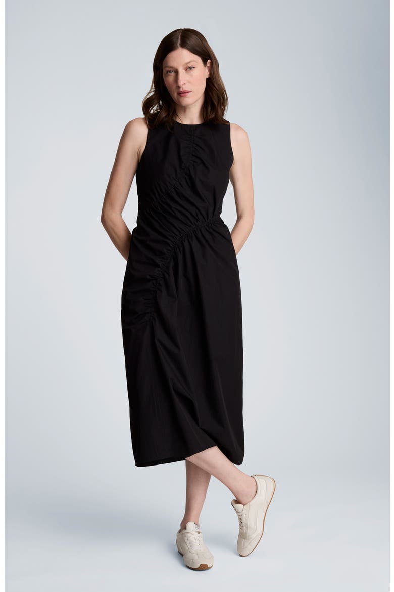 Asymmetric Ruched Cotton Blend Midi Dress, Alternate, color, BLACK