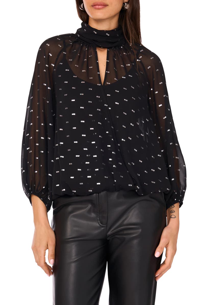 Vince Camuto Sheer Clip-Dot Chiffon Faux Wrap Top, Main, color, Rich Black