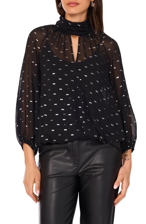Sheer Clip-Dot Chiffon Faux Wrap Top