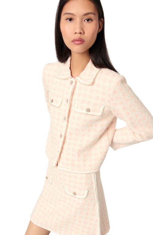Maje Tweed-effect Knit Jacket In Pink/ecru