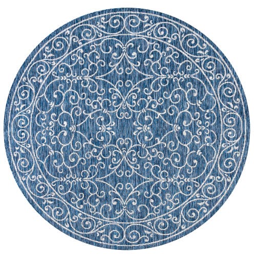 Jonathan Y Charleston Vintage Filigree Textured Weave Indoor/outdoor Round Area Rug In Navy/gray