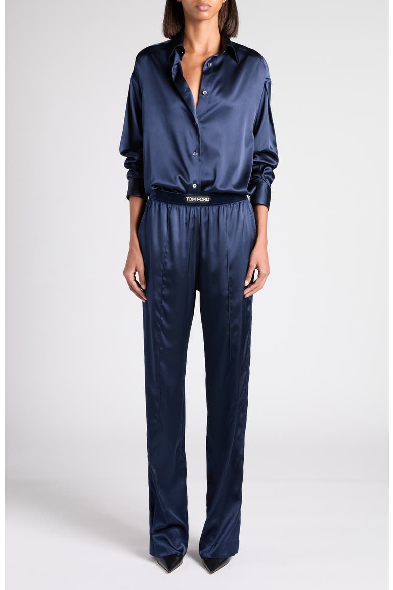Relaxed Fit Stretch Silk Satin Blouse, Alternate, color, HB840 DARK NAVY