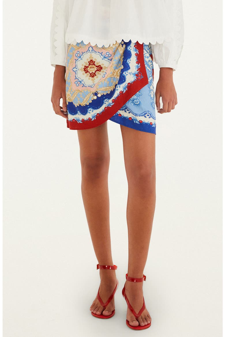 Mixed Cherry Royalty Scarf Print Linen Blend Miniskirt, Main, color, BLUE
