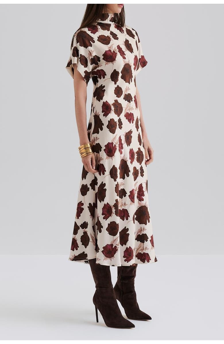 Malina Alivia Short Sleeve Satin Midi Dress, Alternate, color, Wine Peony