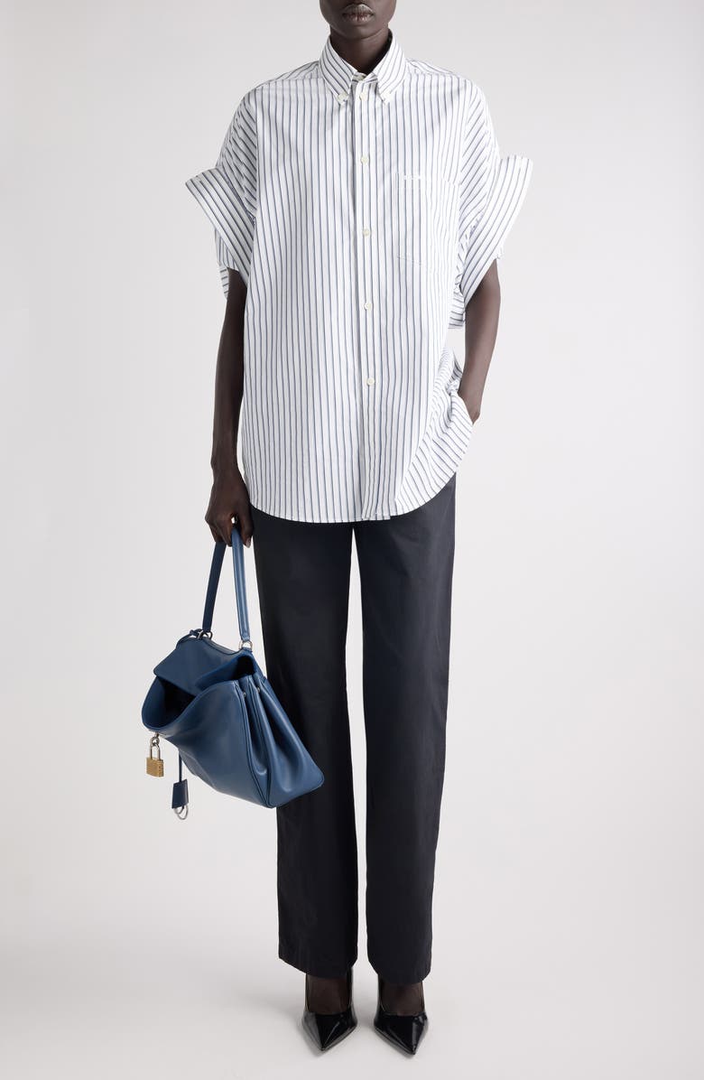 Balenciaga Tucked Short Sleeve Button-Down Shirt, Alternate, color, 9086 White/ Blue