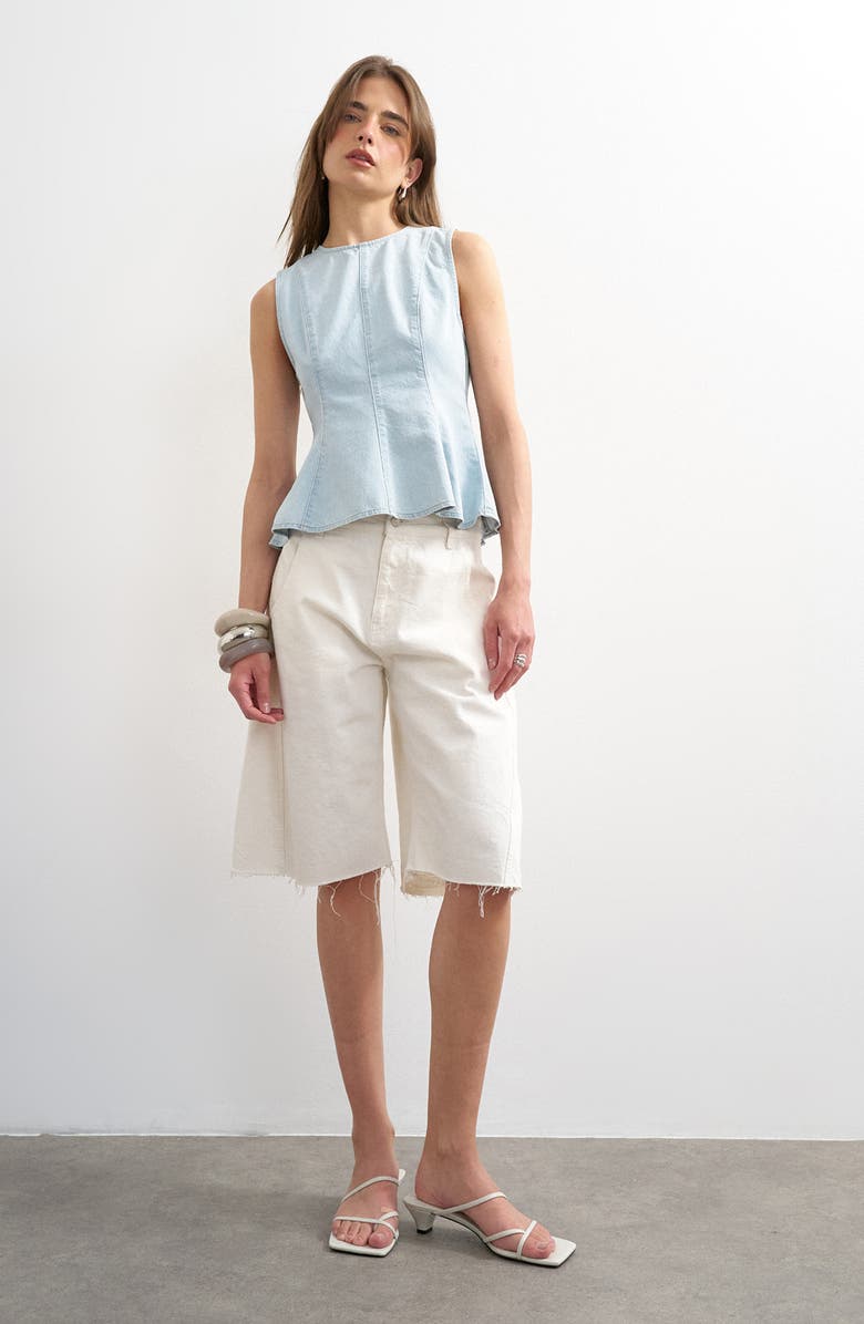 Topshop Seamed Denim Peplum Top, Alternate, color, Light Blue