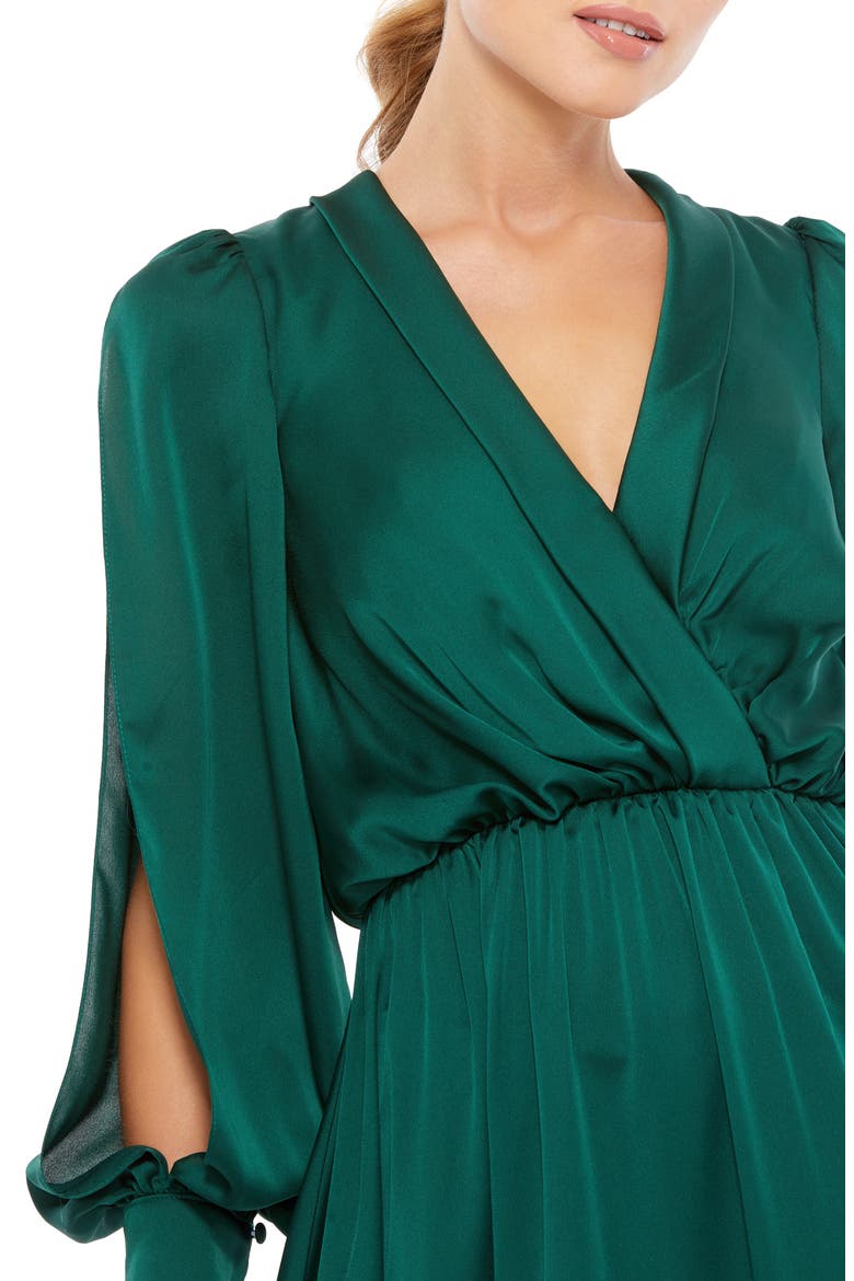 Satin Dress with Cinched Waist and Thigh-High Slit, Alternate, color, DEEP EMERALD