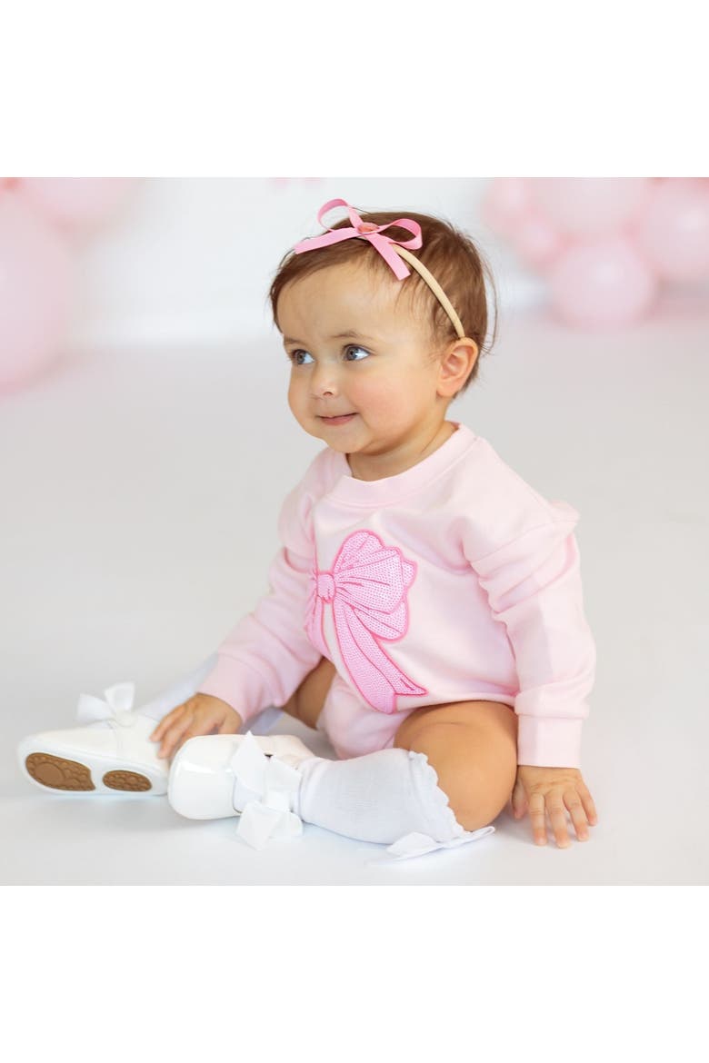 Pink Bow Sequin Patch Long Sleeve Romper, Alternate, color, Ballet Pink