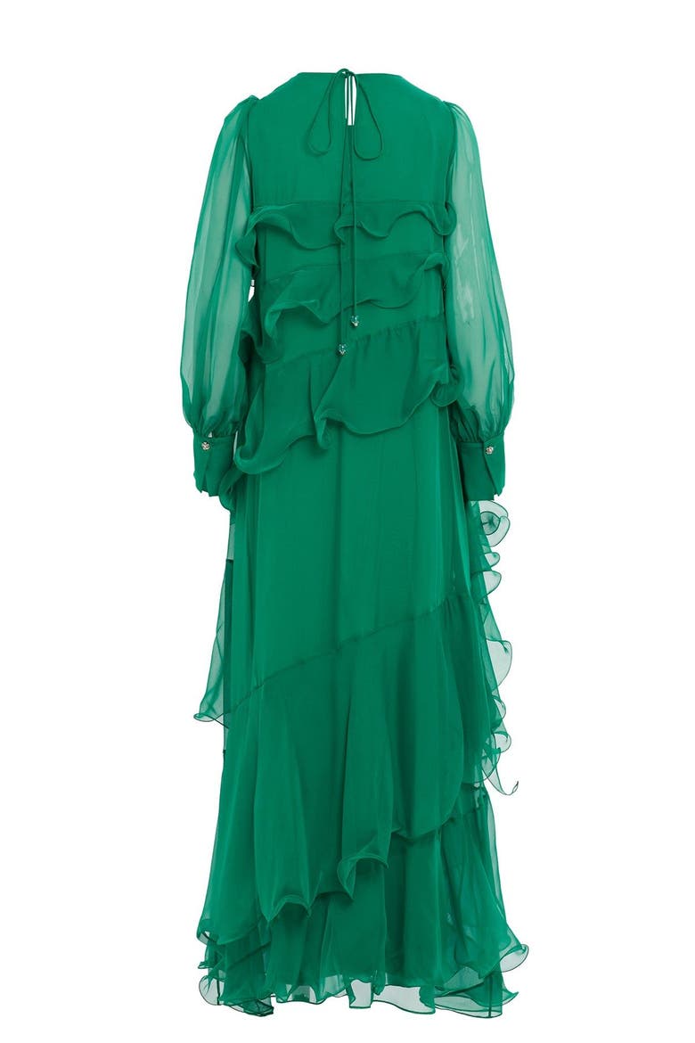 Asymmetric Ruffle Detail Long-Sleeve Lined Maxi Green Dress, Alternate, color, Green