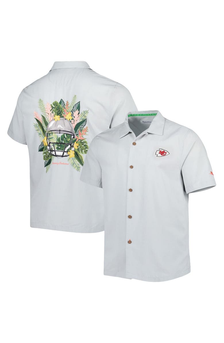 Tommy Bahama Men's Tommy Bahama Gray Kansas City Chiefs Coconut Point Frondly Fan Camp IslandZone Button-Up Shirt, Main, color, 