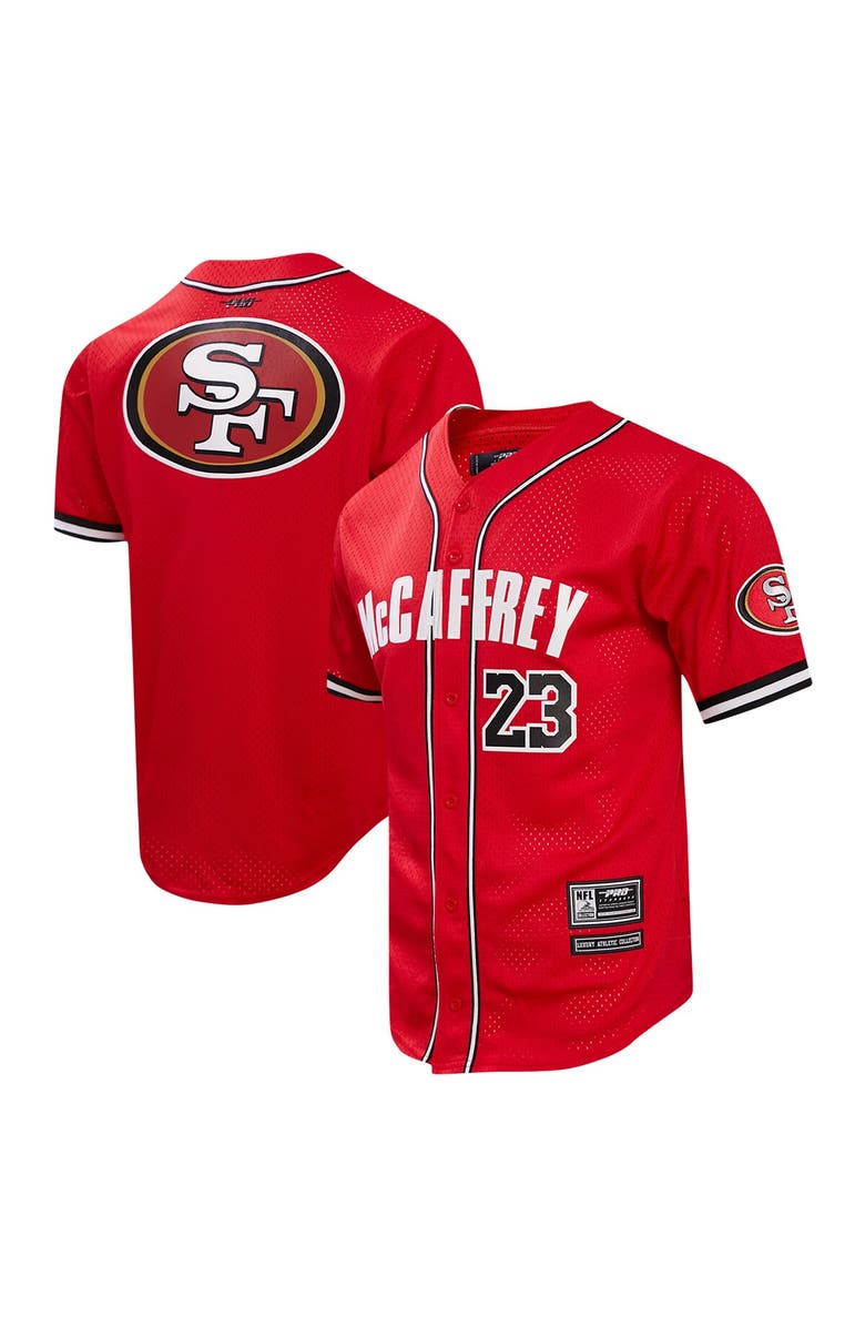 PRO STANDARD Men's Pro Standard Christian McCaffrey Scarlet San Francisco 49ers Mesh Button-Up Baseball Jersey, Main, color, Scarlet