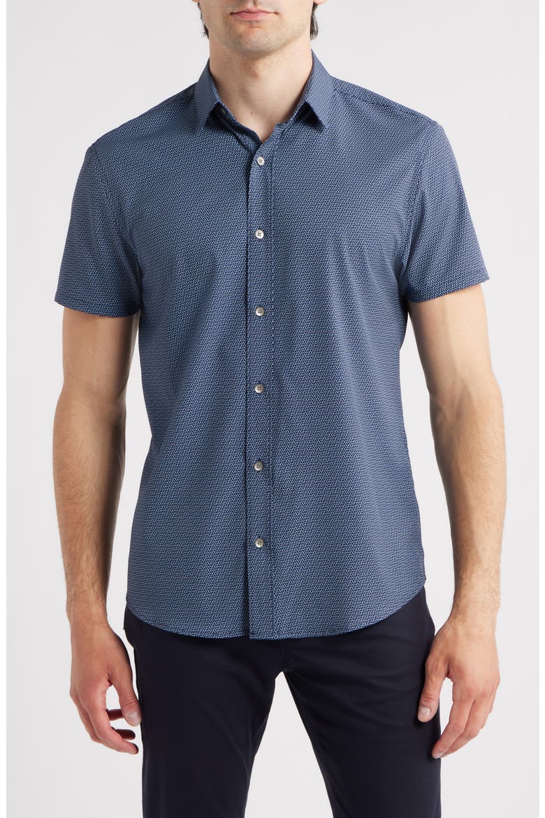 Trim Fit Hexagon Print Short Sleeve Performance Button-Up Shirt, Main, color, NAVY