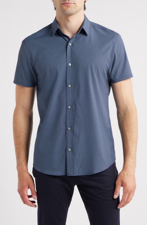 Linked Hexagon Geo Print Short Sleeve Performance Button-Up Shirt