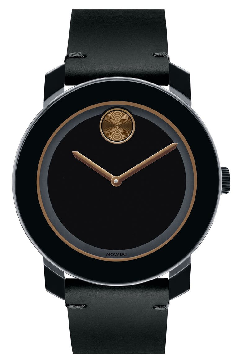 'Bold' Leather Strap Watch, 42mm, Main, color, BLACK