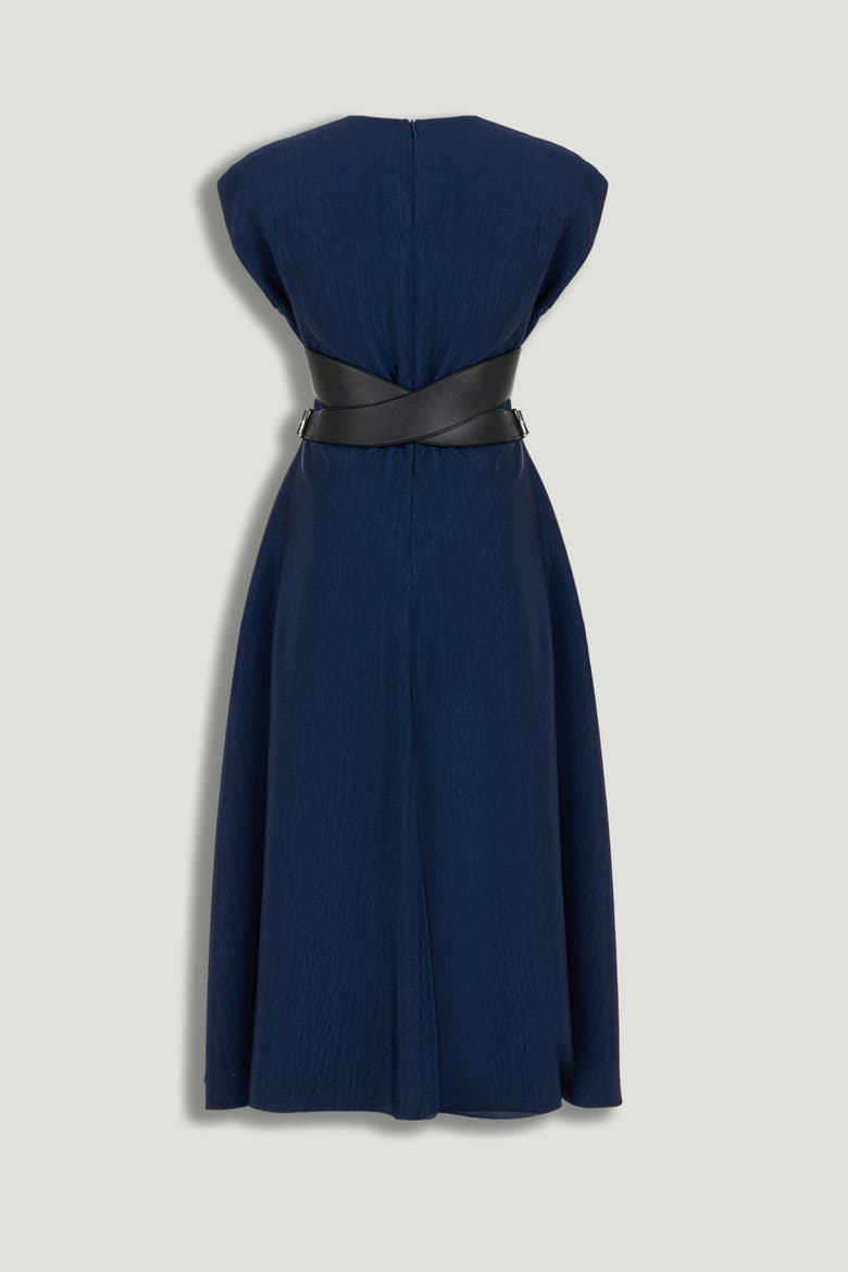 V-Neck Belted Midi Dress, Alternate, color, Navy