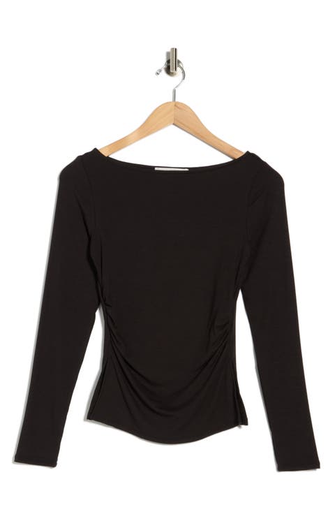 Boat Neck Long Sleeve Ruched Top