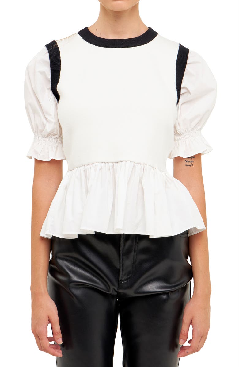 English Factory Mixed Media Puff Sleeve Peplum Top, Alternate, color,