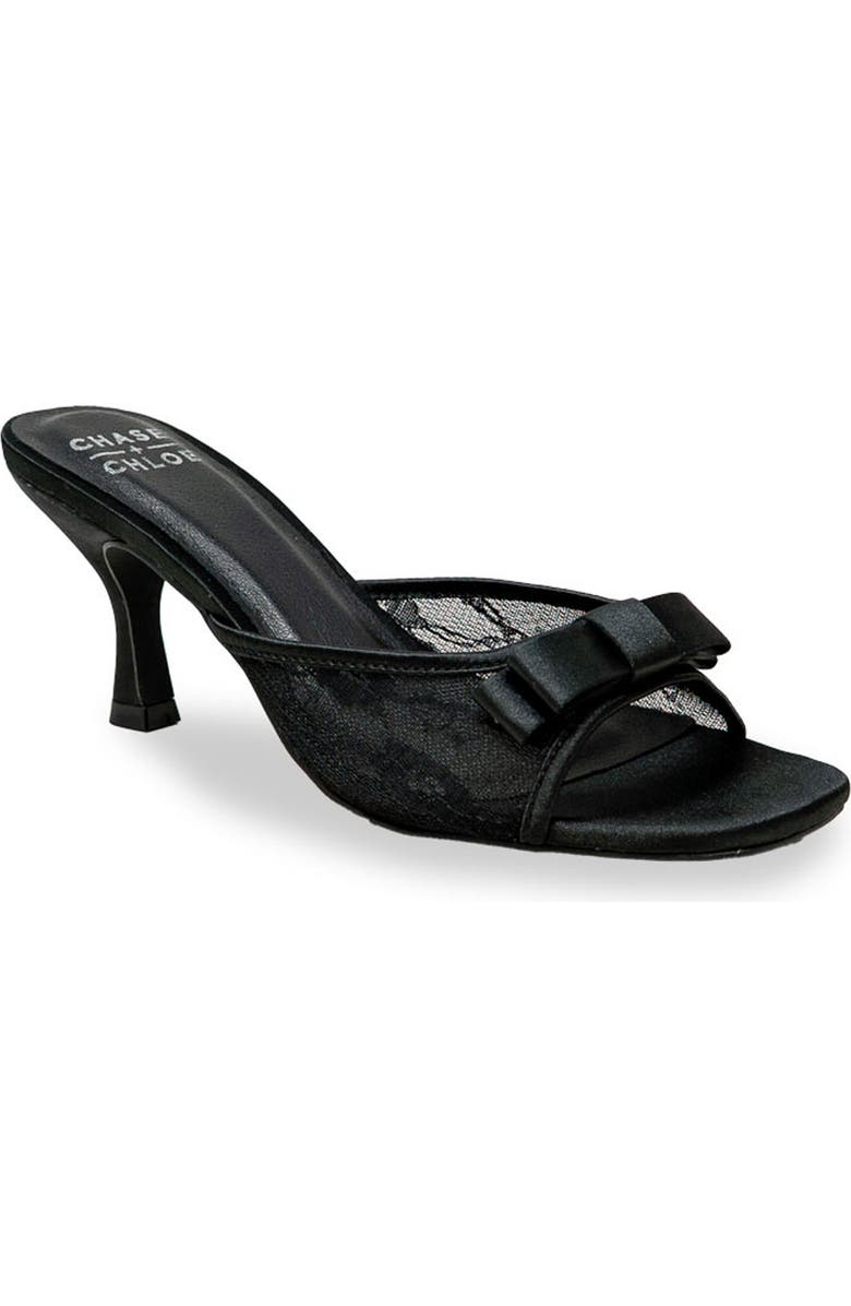 CHASE AND CHLOE Jabari Satin Bow Lace Sandal, Main, color, Black Satin