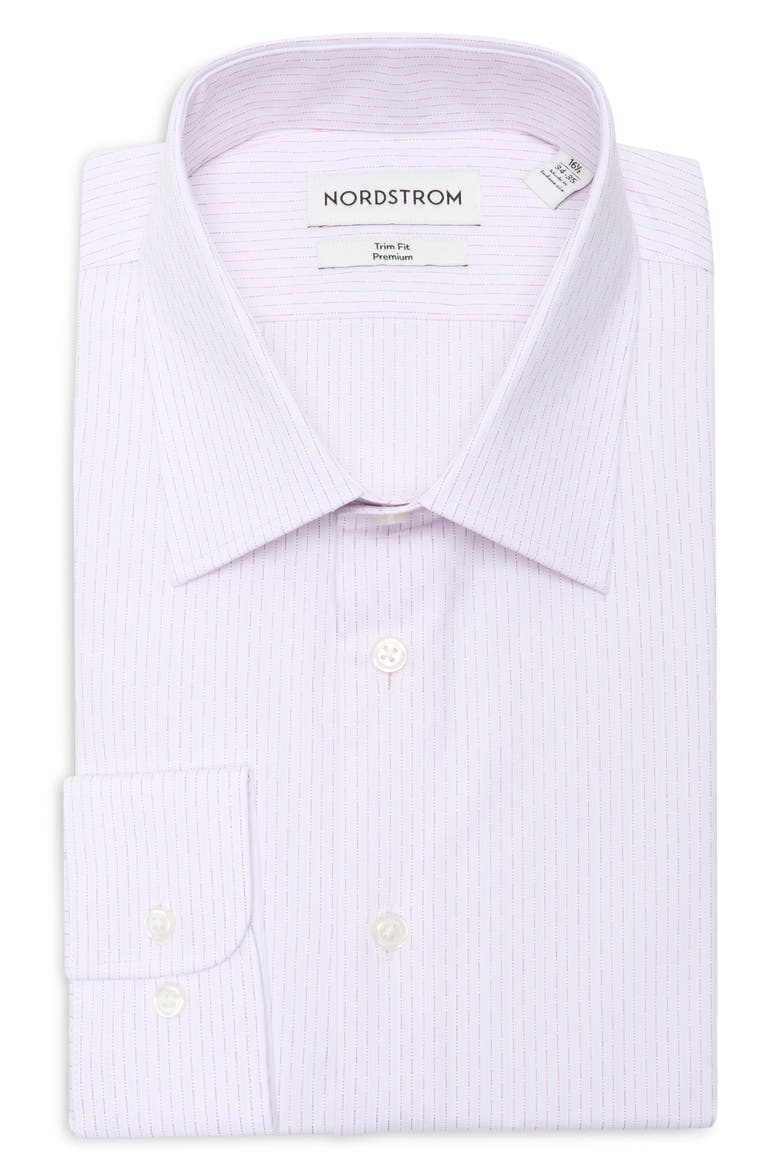Trim Fit Pinstripe Premium Cotton Dobby Dress Shirt, Main, color, PINK ISIDORO STRIPE