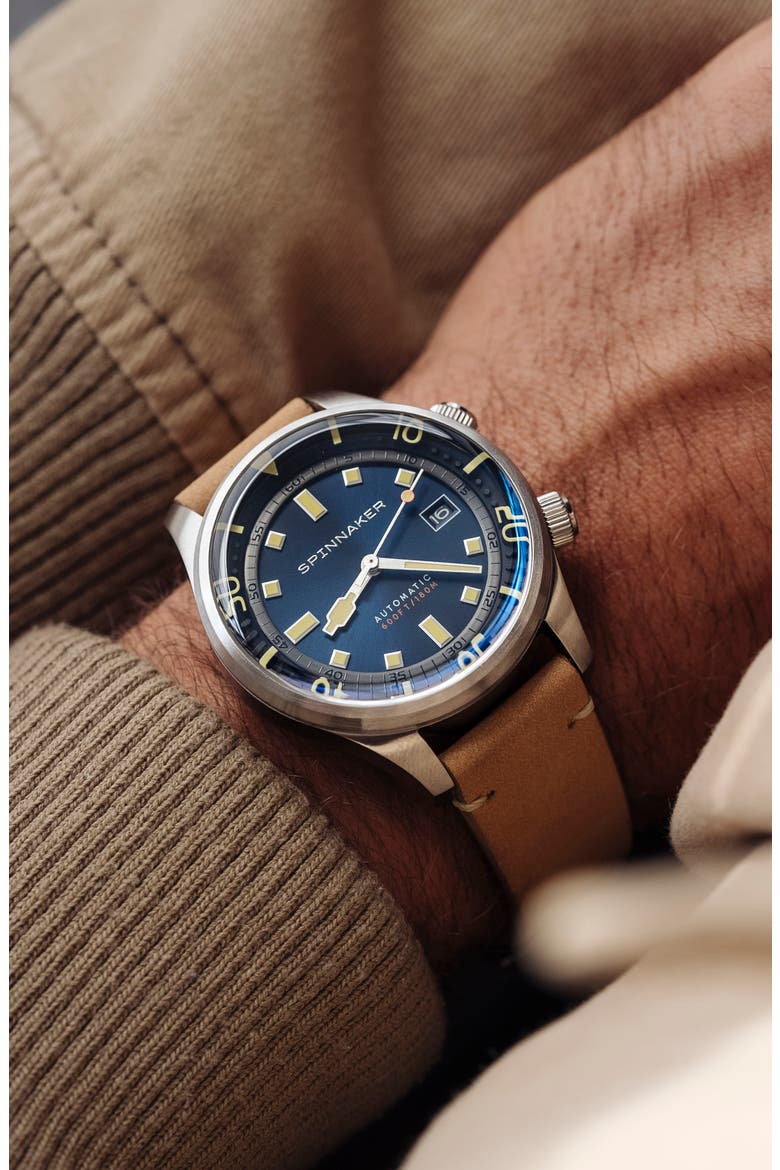 Bradner Automatic Leather Strap Watch, 42mm, Alternate, color, BLUE