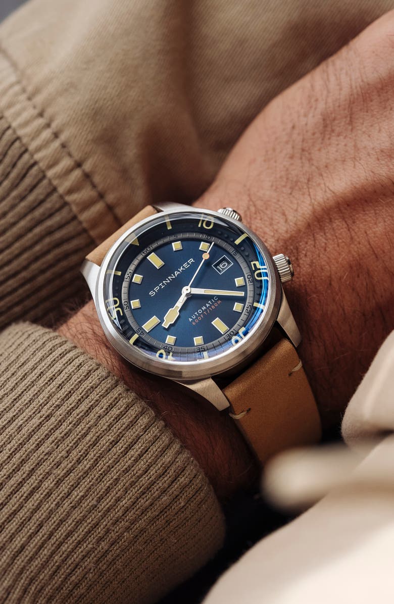 SPINNAKER Bradner Automatic Leather Strap Watch, 42mm, Alternate, color, Blue