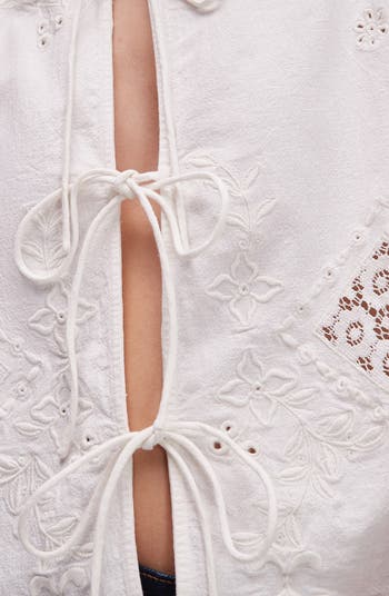 Cutwork Embroidered Eyelet Tie Front Cotton Shirt