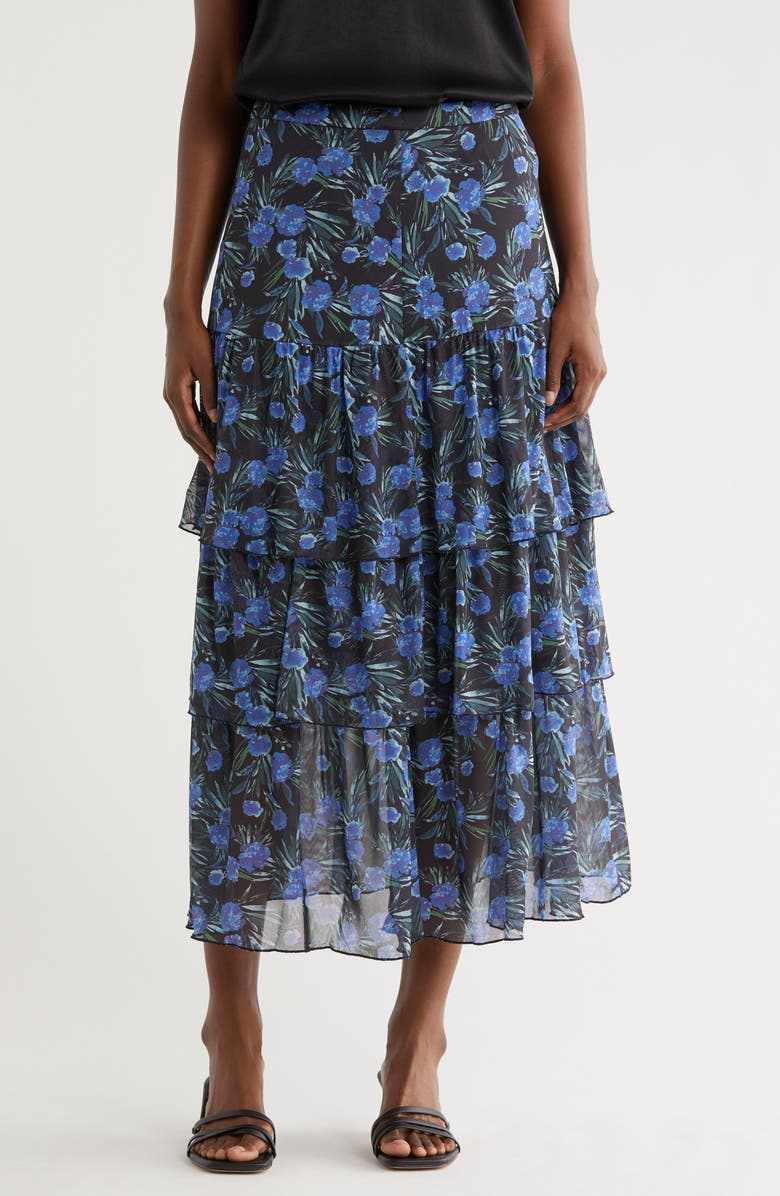 Nicole Miller Floral Tiered Mesh Midi Skirt, Main, color, 