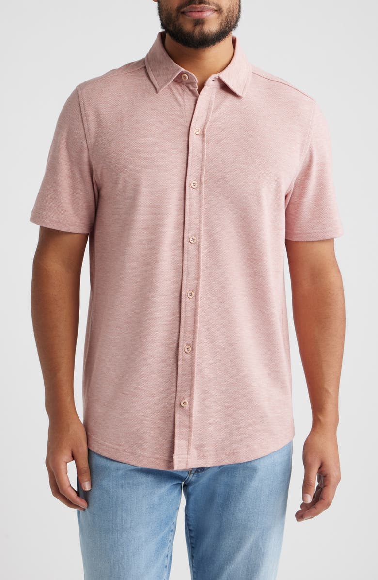 Johnston & Murphy Bennett Short Sleeve Heathered Cotton Blend Button-Up Shirt, Main, color, Pink Honeycomb