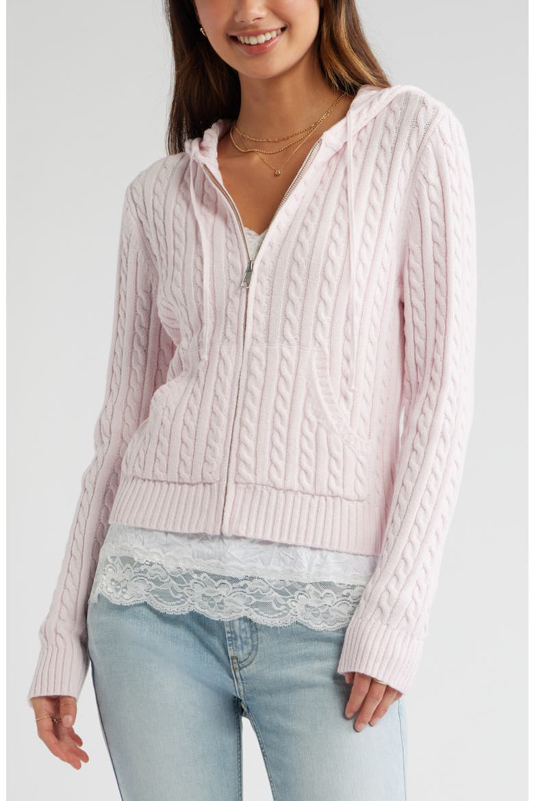Cable Stitch Hooded Cardigan, Main, color, PINK PRIMROSE