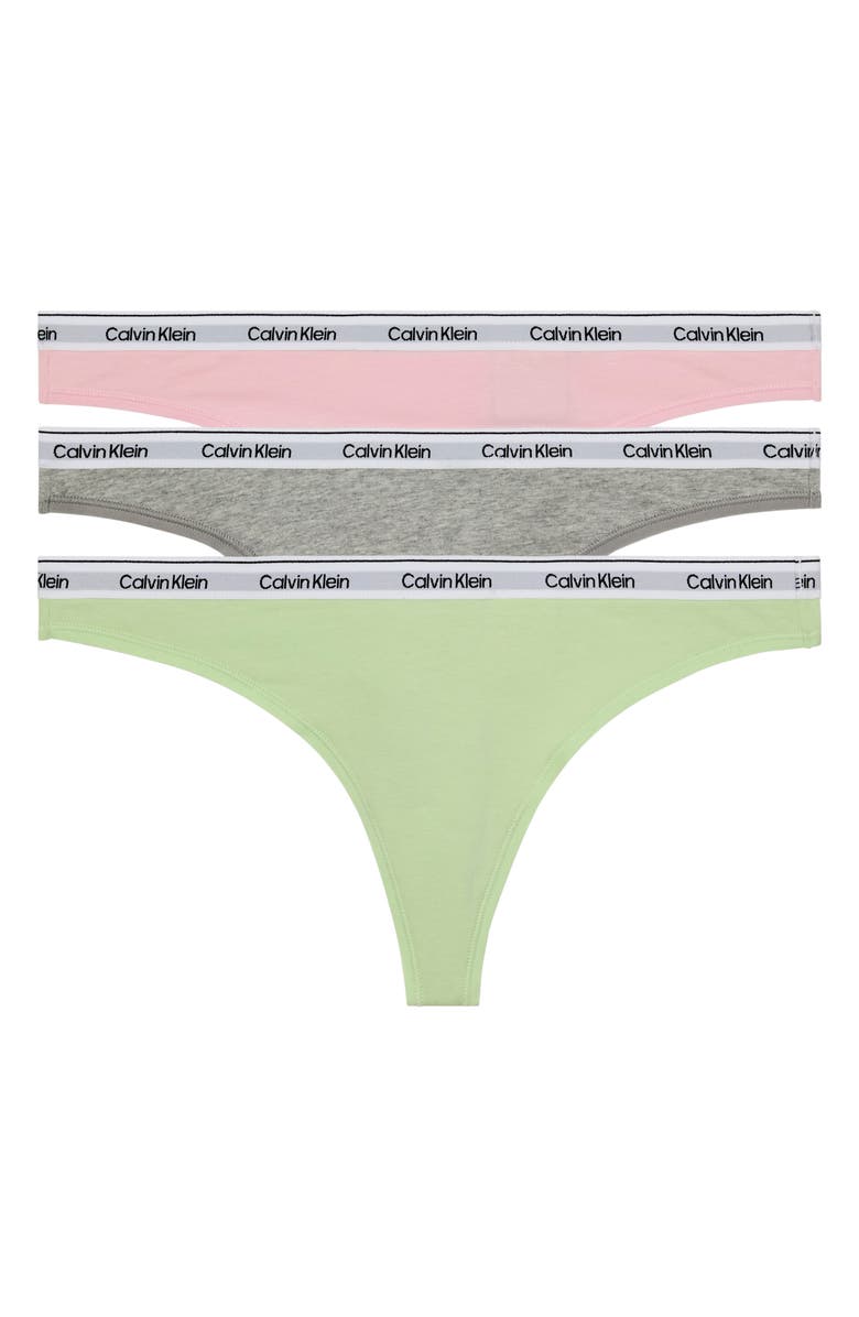 Calvin Klein 3-Pack Cotton Thongs, Main, color, Coral Grey Green