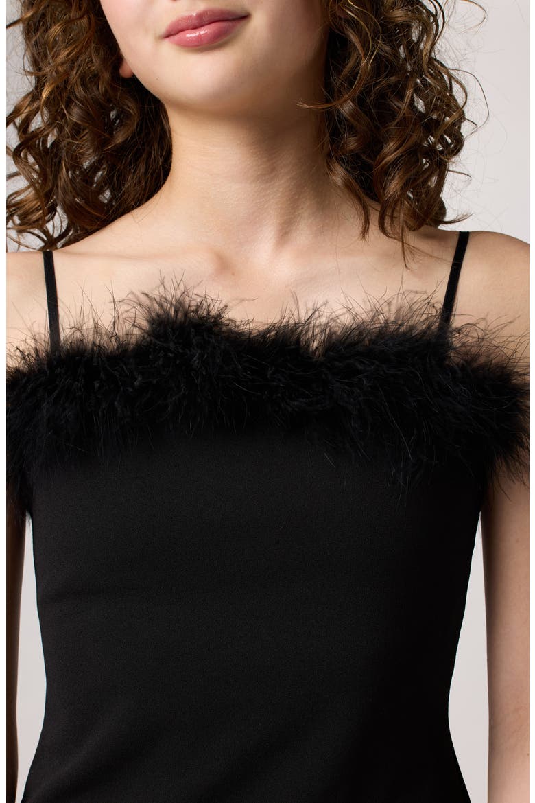 Kids' Faux Feather Trim Stretch Crepe Dress, Alternate, color, BLACK