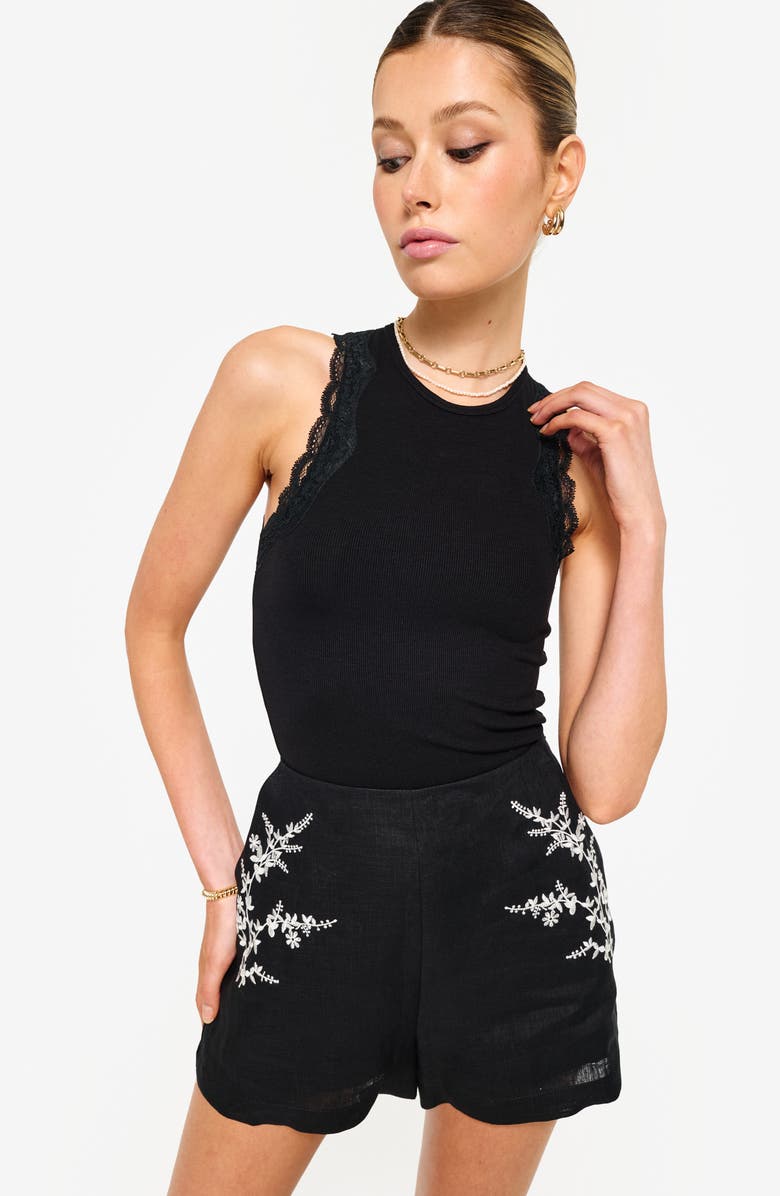 CAMI NYC Thessaly Floral Embroidered High Waist Linen Shorts, Alternate, color, Black